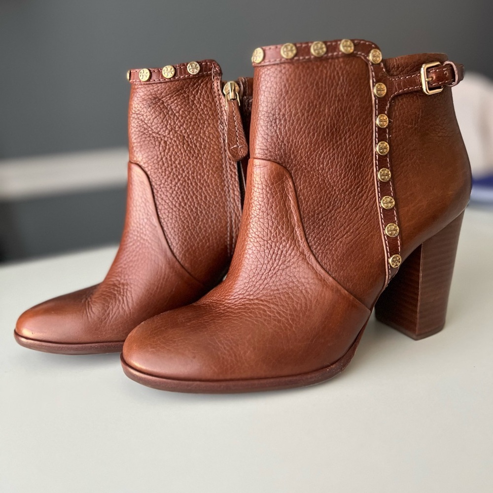 Tory Burch Brown Leather Studded Ankle Boots